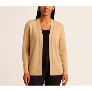 Chico's Beige Open Front Cardigan Sweater Women's Size 2 L Ribbed Trim Layering